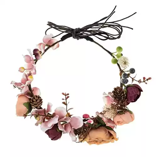 Vividsun Adjustable Flower Crown Floral Headpiece Floral Crown Wedding Festivals Photo Props (C-Brown and Burgundy)