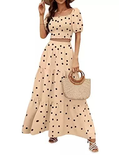 2 Piece Outfit Polka Dots Shirred Crop Top Skirt Set Beige