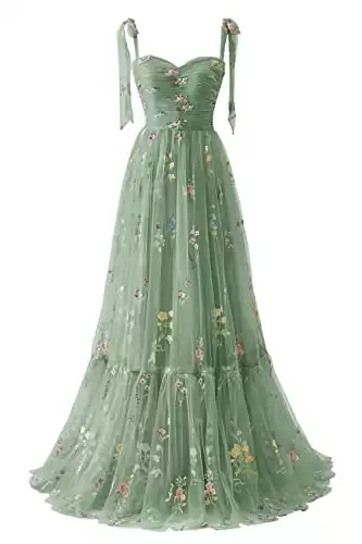 Flower Embroidery Long A Line Formal Tulle Dress