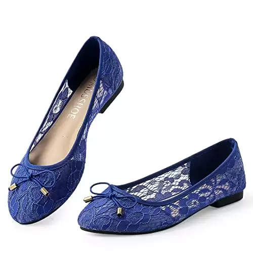 MUSSHOE Flats Shoes Women Comfortable Bowknot Lace Breathable Ballet Flats for Women,Royal Blue lace 8