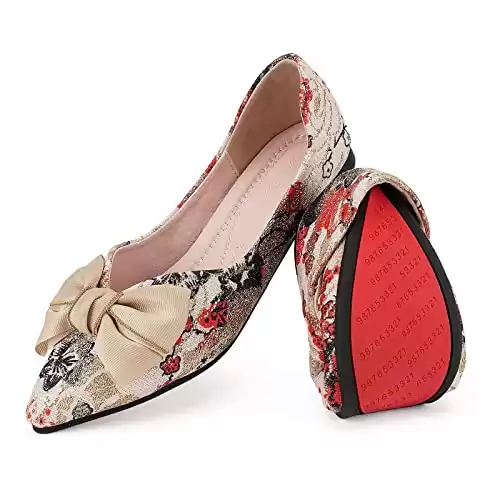 Hxlber Apricot Flats for Women Pointed Toe Bow Embroidery Ballet Comfortable Dressy Slip On Flat Shoes Size 6.5-7