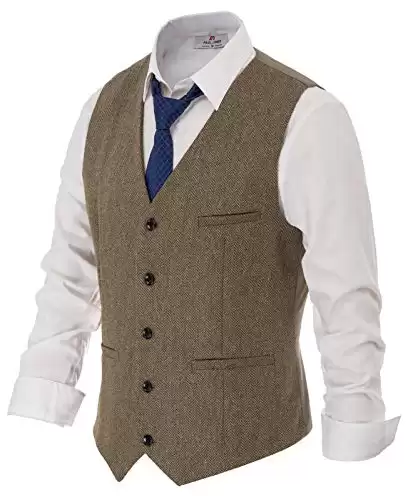 PJ PAUL JONES Men Vest Irish Button Down Wool Tweed Vest Herringbone Waistcoat