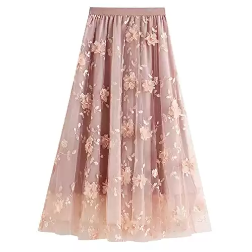 Midi Tulle Skirt Elastic High Waist Skirt Floral Embroidery