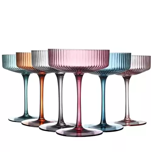 LUXULISH Art Deco Colored Vintage Coupe Glasses, Ribbed Crystal Handmade Martini & Cocktail Glasses, Perfect for Dessert, Manhattan, Cosmopolitan, Gimlet, Pisco Sour - 7Oz