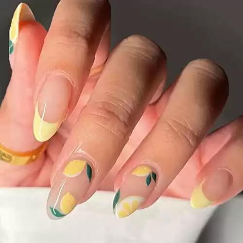 Summer Press on Nail Medium Lemon Fake Nail Alomnd Yellow Full Cover False Nail Sticker on Nail for Women Girls Glue on Nail French Nail Tip