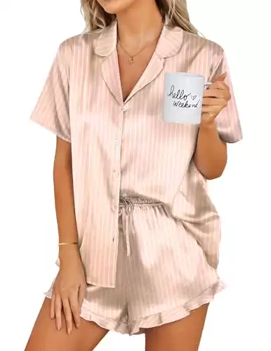 Ekouaer Silk Pajamas Womens Short Sleeve Sleepwear 2 Piece Satin Pjs Shorts Set Button Down Loungewear Striped Champagne M