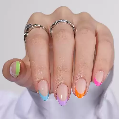 Press On Nails Short - BTArtbox Supremely Fit & Natural Soft Gel French Tip Press On Nails, Almond Glue On Nails with Nail Glue, Reusable Stick On Nails in 15 Sizes - 30PCS, Neon Rainbow French