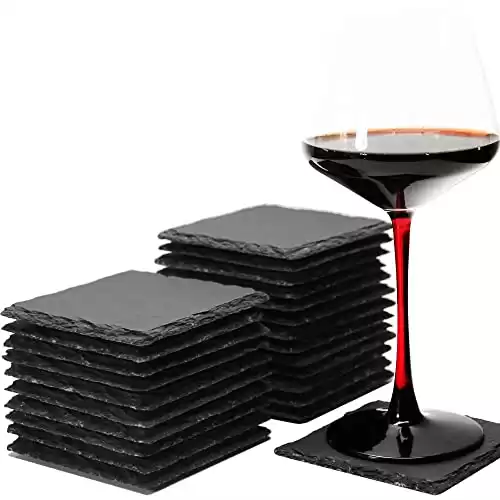 24 Pack 4 x 4 Inch Gorgeous Black Slate Stone Coasters Bulk Square Slate Stone Cup Coaster for Drink Bar Kitchen Home, Handmade Natural Rough Edge, Set of 24