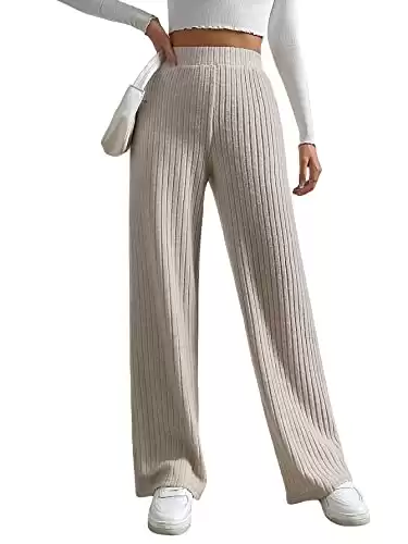 GORGLITTER Women's Wide Leg Ribbed Knit Pants High Waist Elastic Flare Palazzo Pants Trousers Basic Solid Apricot Large