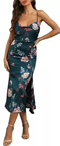 Women's Sleeveless Spaghetti Strap Satin Wedding Guest Party Dress Cocktail Evening Cowl Neck Backless Midi Formal Dresses (L, Green Floral)