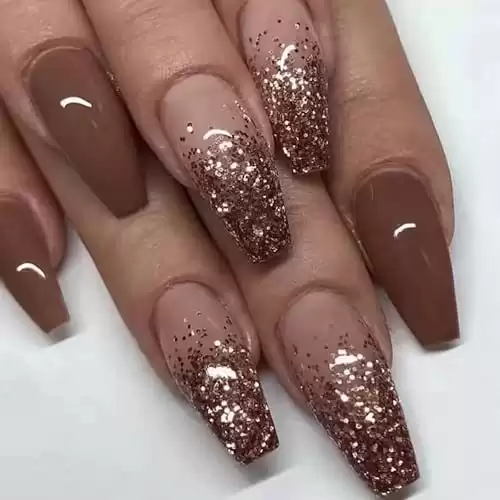 MISUD Coffin Press on Nails Medium Ballerina Fake Nails Fall Brown Acrylic Nails Glossy Glue on Nails Bling Glitter Stick on Artificial Nails Autumn False Nails 24 pcs