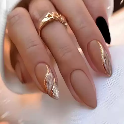 24 PCS Marble Press on Nails with Curve Line Design, Glossy Brown Glitter False Nails Gel Glue on Nails, Sparkly Gold River Manicure Art Acrylic Medium Almond Fake Nails Stick on Nails for Women Girls