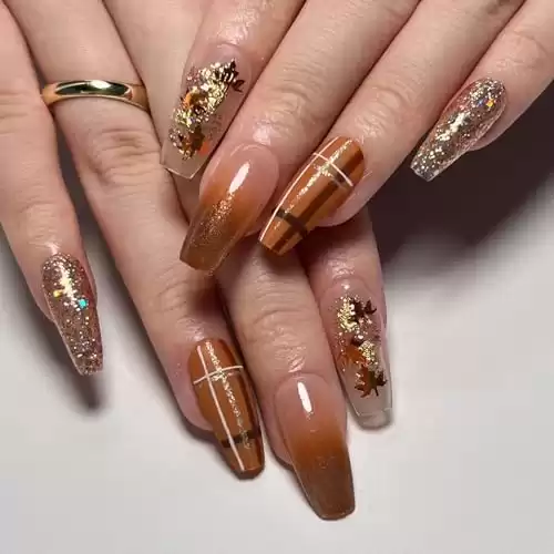 Fall Press on Nails Coffin Fake Nails Maple Leaves False Nails Medium Length Acrylic Nails Gradient Brown Stick on Nails Glitter Line Artificial Nails Glossy Autumn Glue on Nails for Women Girls