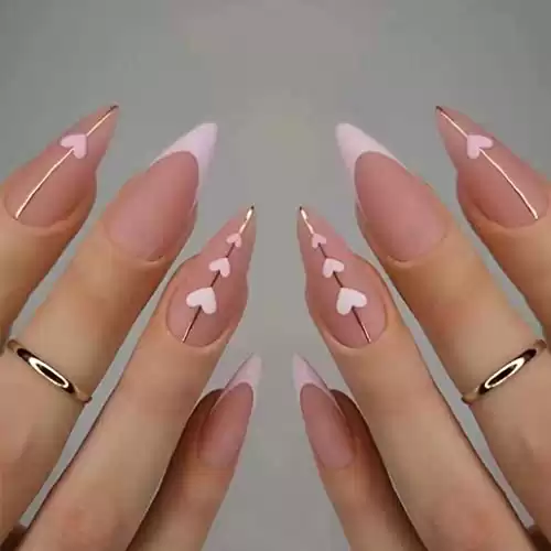 Foccna Pink Press on Nails Almond, Acrylic Fake Nails Matte French LOVE False Nails Wear Long Artificail Nails for Nail Art Manicure Decoration, 24pcs