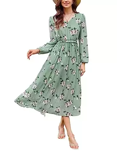 Long Sleeve Boho Dress for Women Flowy Floral Midi Light Green