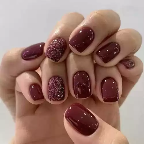 Square Press on Nails Short Burgundy Fake Nails Golden Glitter Fall Acrylic Nails Press ons Reusable Glue on Nails for Women and Girls Daily Wear 24 Pcs