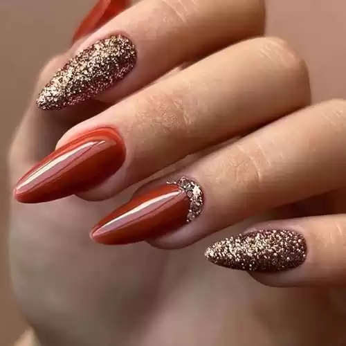 MISUD Fall Press on Nails Medium Almond Fake Nails Glossy Glue on Nails Autumn Red Brown Acrylic Nails Bling Glitter Stiletto Artificial Nails Rhinestone Stick on False Nails with Design 24 pcs