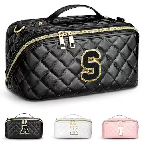 TOPEAST Large Cute Makeup Bag, Personalized Initial Cosmetic Travel Bag, Quilted Make Up Bags Open Flat Toiletry Bag with Strap Divider, Makeup Pouch Monogrammed Gifts for Women Mom Friends, S