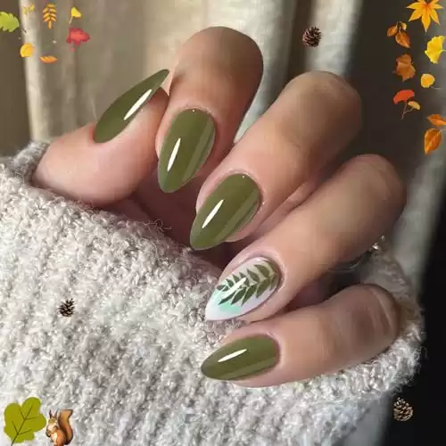 Fall Press On Nails Short Almond, SHOWMORE Olive Green Leaf Fake Nails Medium Glue On Nails False Nails with Design Stick On Nails in 15 Sizes 30 Nail Kit with Glue