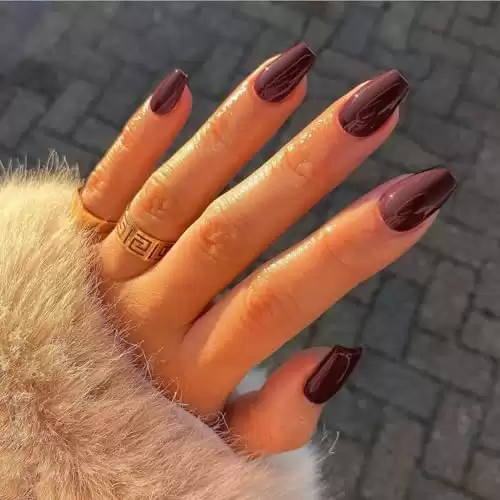 KQueenest Fall Nails, Gel Press on Nails Short Medium Coffin, Solid Color Fake Nails Nails Press ons, Short Ballerina Glue on Nails With Glazed Finish, Simple Acrylic Nails For Finger, Dark Brown