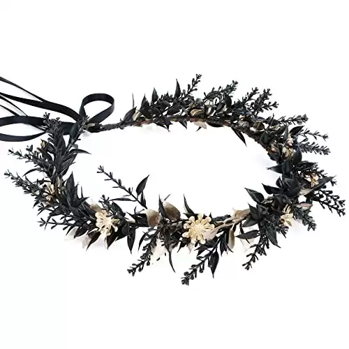 MOSTORY Handmade Black Flower Crown Fairy Floral Headpiece Woodland Elf Headband Gothic Hair Wreath for Women Girls Renaissance Halloween Cosplay Accessory