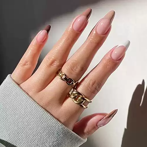 MISUD Almond Press on Nails Medium Stiletto Fake Nails Glossy Glue on Nails Fall Brown French Tip Acrylic Nails Autumn Stick on False Nails with Design 24 pcs