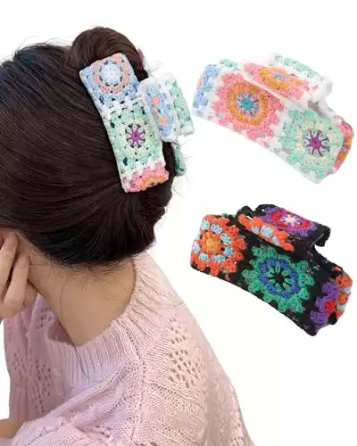 HAIMEIKANG Large Crochet Hair Clips - Strong Hold Jaw Clips for Thick Hair, Non-Slip Knitted Strawberry Hair Accessories for Women and Girls