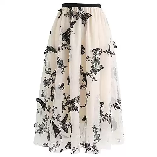 Cream 3D Butterfly Double-Layered Mesh Midi Skirt