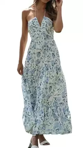 Women's Summer Chiffon Halter V Neck Sleeveless Floral A Line Maxi Dress