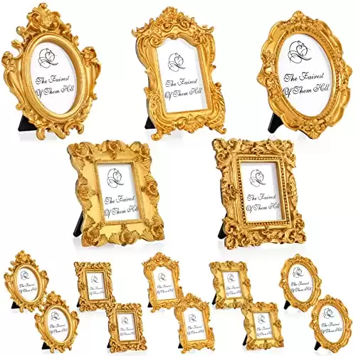 Maitys 15 Pcs Mini Picture Frames Vintage Tiny Frames Antique Photo Frame Baroque Ornate Resin Oval Frame Table Top Display Frame Home Wedding Decor (Gold)