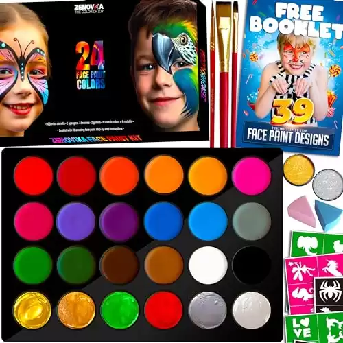 Face Painting Kit – Non-Toxic and Hypoallergenic with 24 Colors, Stencils, Book