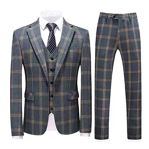 Mens Suits 3 Piece Check Plaid Suit Single Breasted One Button Jackets Formal Dress Party Prom Tuxedo Suits Blazer Yellow Blue