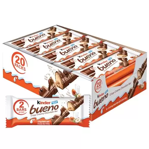 Kinder Bueno Milk Chocolate and Hazelnut Cream, Bulk 20 Pack, 2 Individually Wrapped Chocolate Bars Per Pack, 30 oz