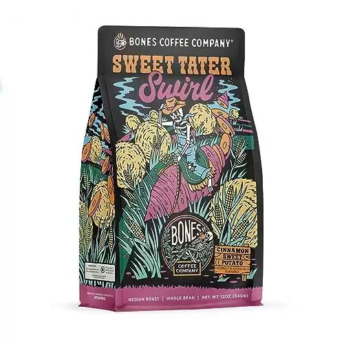 Bones Coffee Company Sweet Tater Swirl Ground Coffee Beans Cinnamon Sweet Potato Flavor, Low Acid Flavored Coffee Made with Arabica Coffee Beans, Medium Roast Coffee, Coffee Lover Gift Ideas (12 oz)