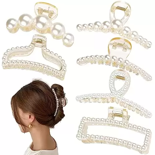 Leezmark Pearl Hair Claw Clips, Large Barrettes for Thin, Thick, Curly or Long Hair, White Jaw Clips Hair Accessories for Women and Girls