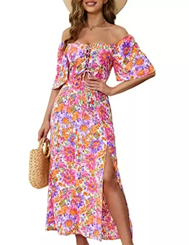 Midi floral dress ruffle sleeve bohemian high slit