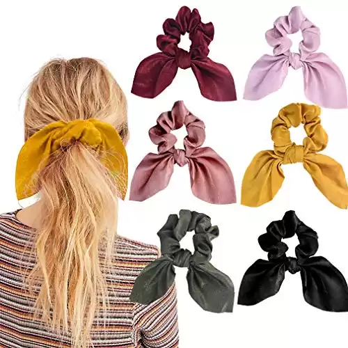 Aileam 6PCS Hair Scrunchies Satin SilkRabbit Bunny Ear Bow Bowknot Scrunchie Bobbles Elastic Hair Ties Bands Ponytail Holder for Women Accessories