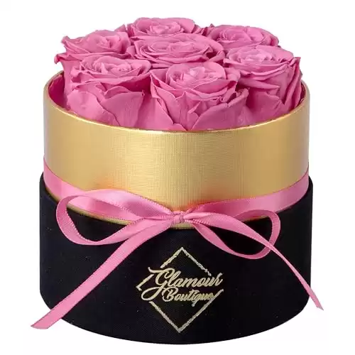 GLAMOUR BOUTIQUE 7-Piece Forever Flowers Round Box - Preserved Roses, Immortal Roses That Last A Year - Eternal Rose Preserved Flowers for Delivery Prime Mothers Day & Valentines Day - Pink