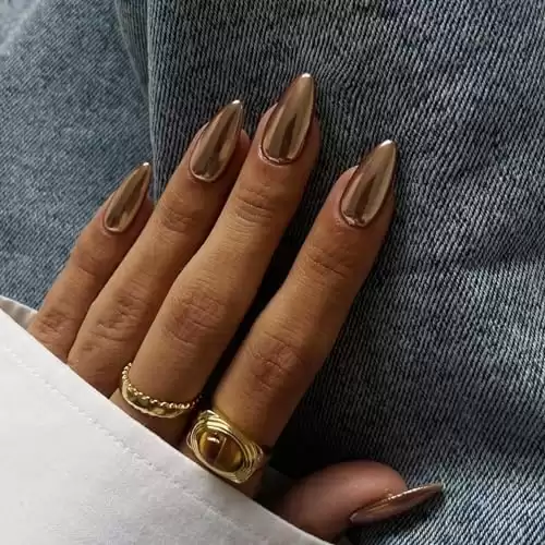 Light Bronze Chrome Press on Nails Medium Almond,KQueenest Mirror Metal Stiletto Fake Acrylic Nails with Bling Design, Glitter Glue on Nails for Daily Party Wear, Glossy False Nails Press ons in24 PCS