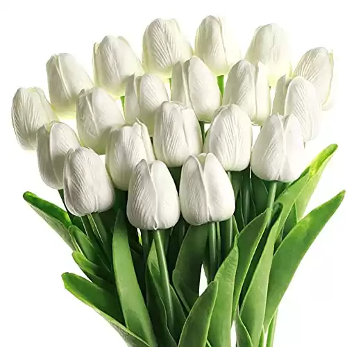 White Artificial Flowers 20 Pcs Faux Tulips PU Real Touch