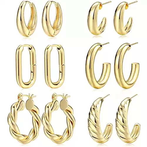 Gold Hoop Earrings Set for Women, 6 Pairs 14K Gold Plated Lightweight Hypoallergenic