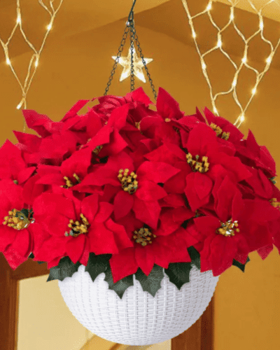 Artificial Christmas Poinsettia Flowers Plants Hanging Basket