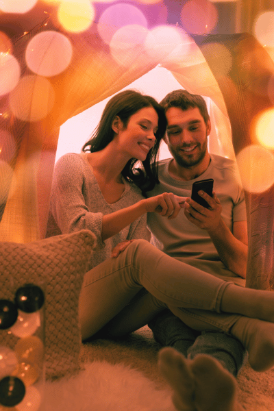 Blanket Fort Fun winter engagement photo