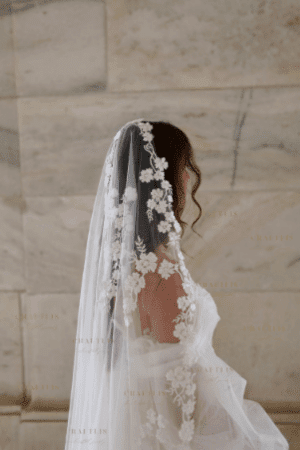 Cathedral bridal veil with beaded floral lace edge