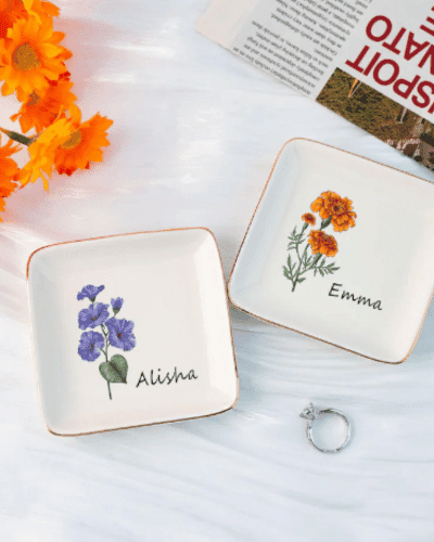 Custom Birth Flower Jewelry Dish,Personalized Name