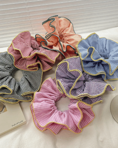 French Pleated Trim Checked Scrunchie, Oversize Gingham Scrunchie