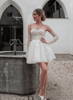 Mini Short Wedding Dress in Sequin and Pearls Embroidered