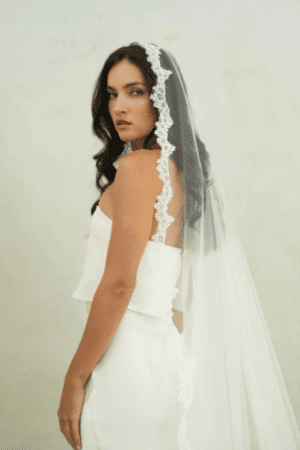 One Tier Wedding Veil with Lace Trim