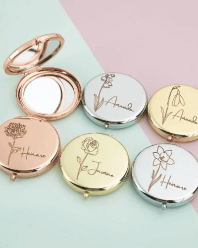 Personalized Name Compact Mirror with Birth Flower