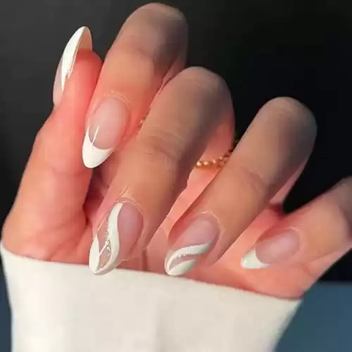 QINGGE White French Tip Press on Nails Short Square Glossy Fake Nails Full Cover Swirl Design Stick on Nails Glitter Glue on Nails Cute Acrylic Nails Summer Exquisite Static False Nails for Women 24Pc...